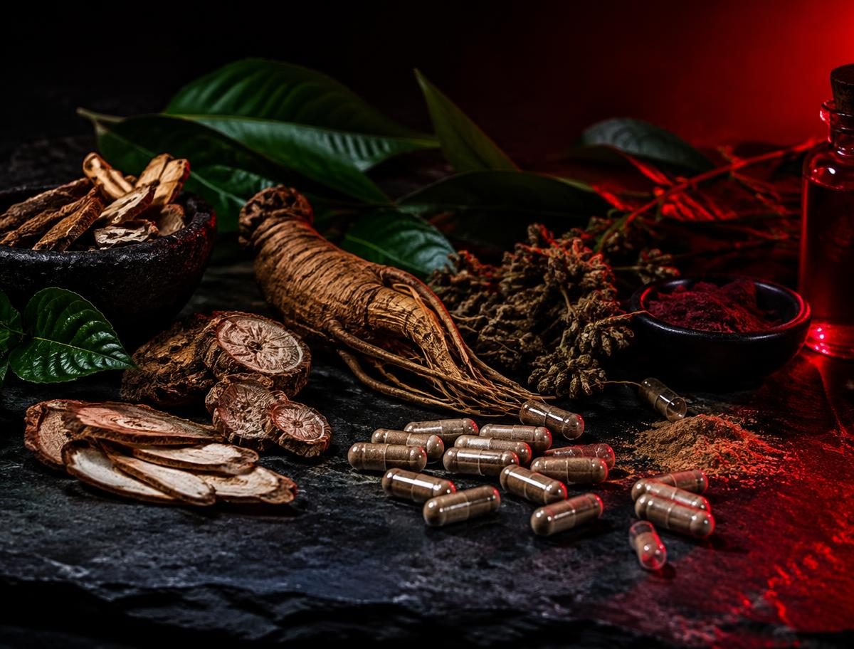 Herbal capsules surrounded by roots, leaves and botanical powders