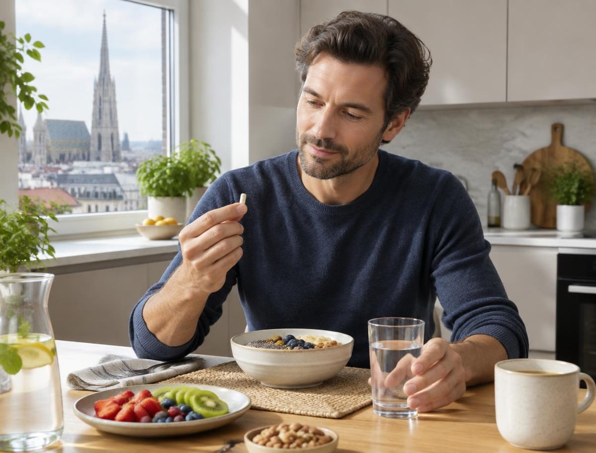 Man taking a Titanprime capsule with water at breakfast